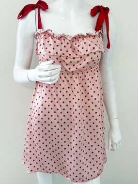 Vintage Morgan Lane Pink Strawberry Print Tie-Strap Silk Blend Slip Sleep Dress